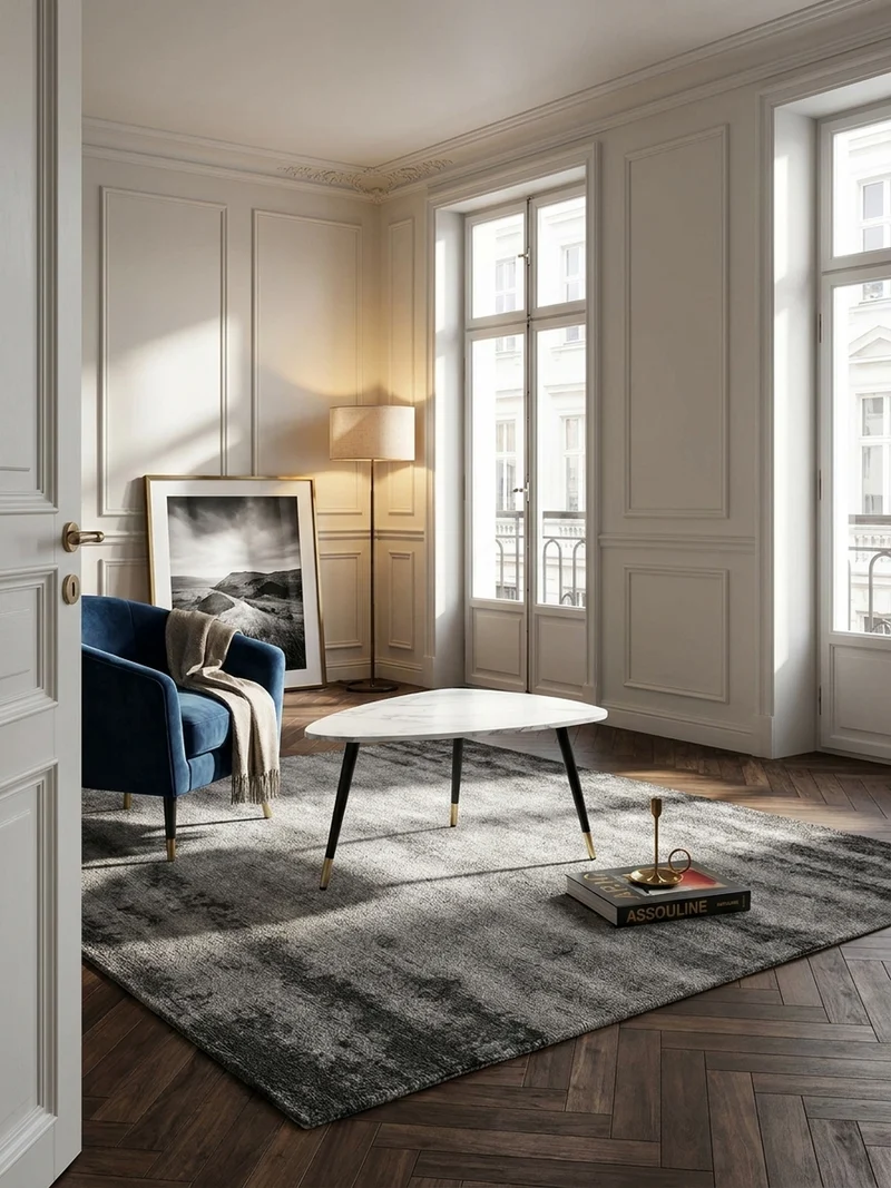 Couchtisch mit Marmor Optik, Dreibein, Metall-Gestell, Dreieckig