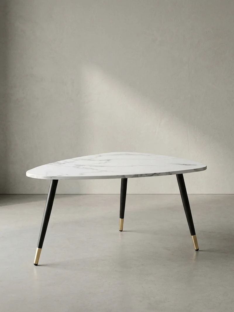 Couchtisch mit Marmor Optik, Dreibein, Metall-Gestell, Dreieckig