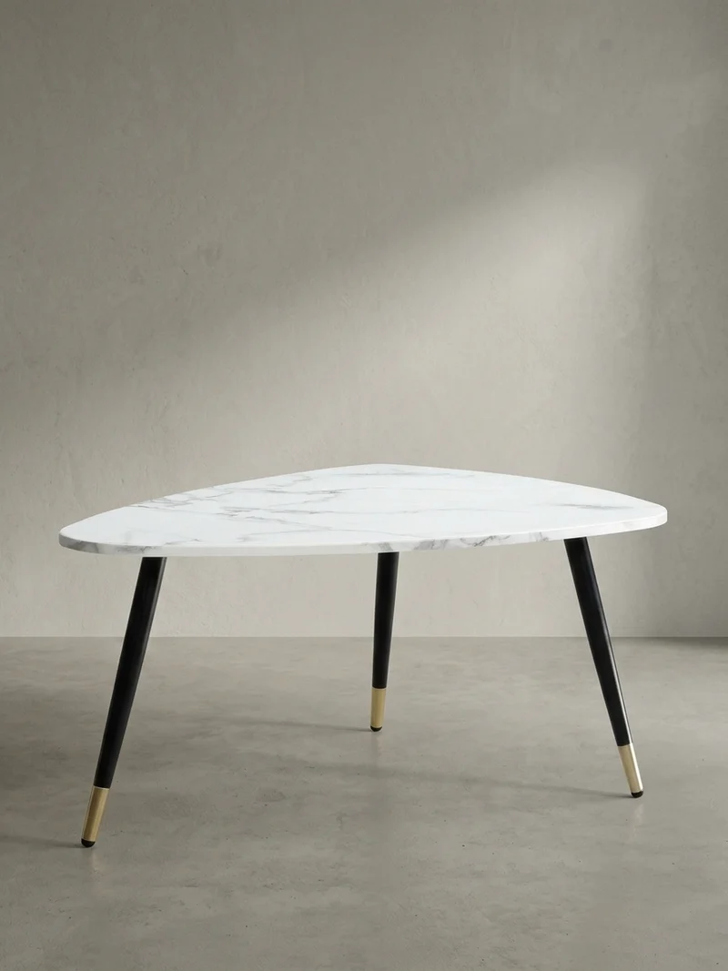 Couchtisch mit Marmor Optik, Dreibein, Metall-Gestell, Dreieckig