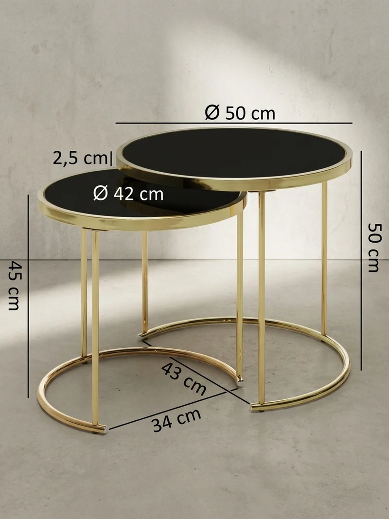 Satztisch Set – 2-teilig Metall Hochglanz schwarzes Glas 50/42 cm