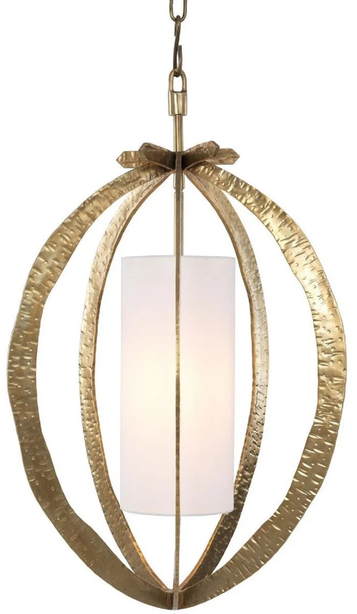 Casa Padrino Luxus Kronleuchter Messingfarben Ø 44 x H. 72 cm - Metall Kronleuchter mit elegantem Baumwoll Lampenschirm - Wohnzimmer Kronleuchter