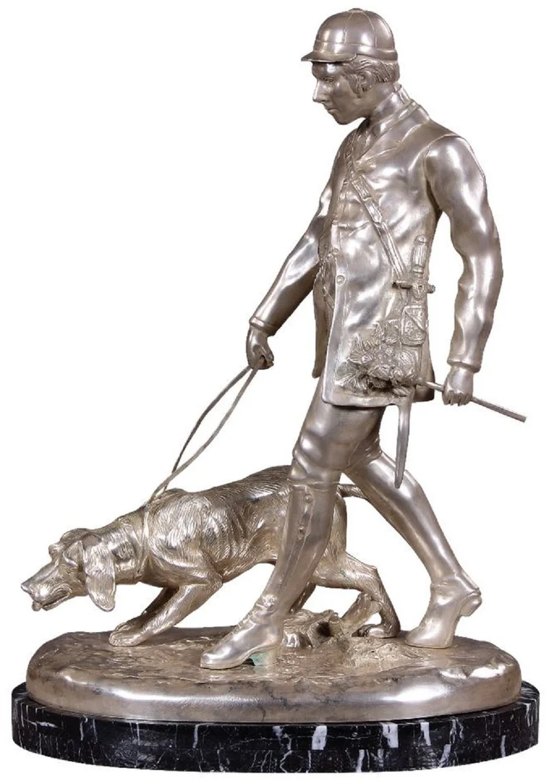Casa Padrino Luxus Bronzefigur Jäger mit Hund Silber / Schwarz 45 x 28 x H. 61 cm - Bronze Skulptur mit Marmorsockel - Schreibtisch Deko - Wohnzimmer Deko - Luxus Qualität