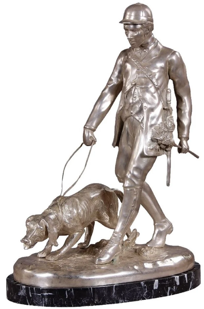 Casa Padrino Luxus Bronzefigur Jäger mit Hund Silber / Schwarz 45 x 28 x H. 61 cm - Bronze Skulptur mit Marmorsockel - Schreibtisch Deko - Wohnzimmer Deko - Luxus Qualität