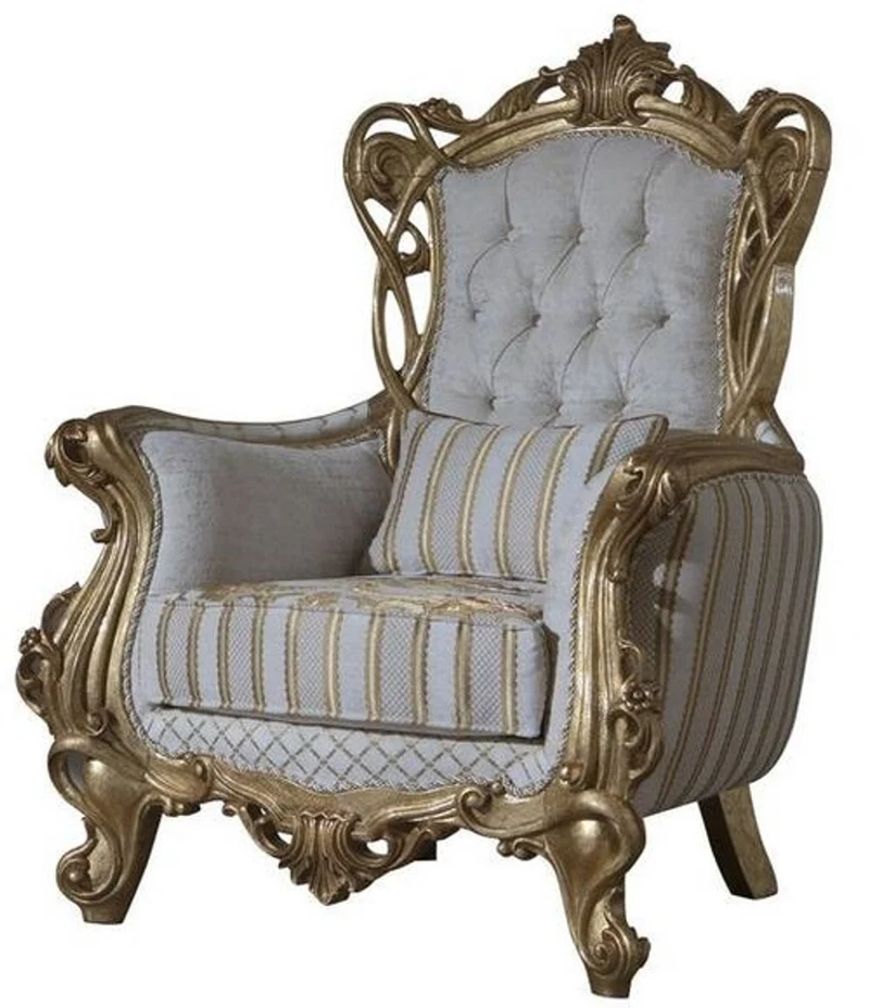 Casa Padrino Luxus Barock Sessel Weiß / Gold 100 x 80 x H. 124 cm - Wohnzimmer Sessel mit elegantem Muster und dekorativem Kissen - Barock Möbel - Edel & Prunkvoll
