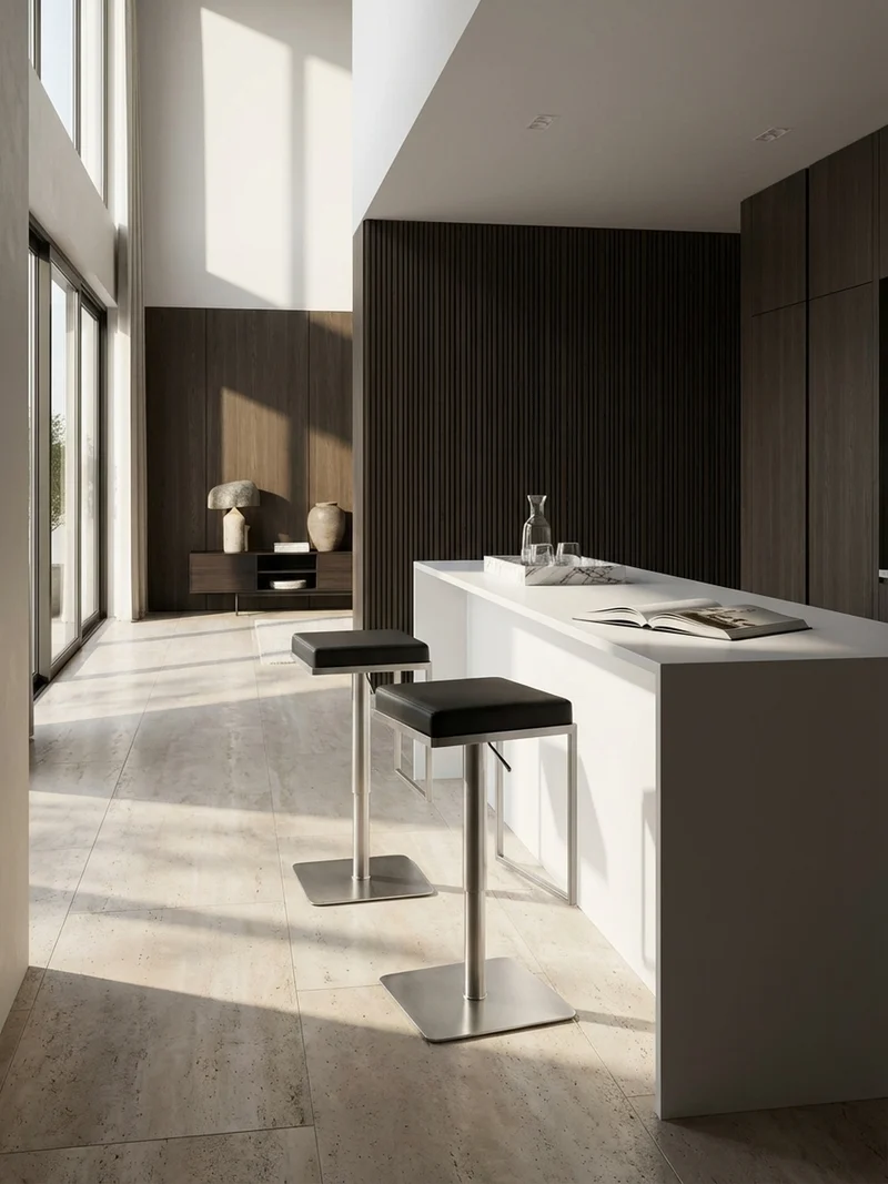 Barhocker – Schwarz, Kunstleder, Edelstahl, höhenverstellbar, drehbar, gepolstert, Modern