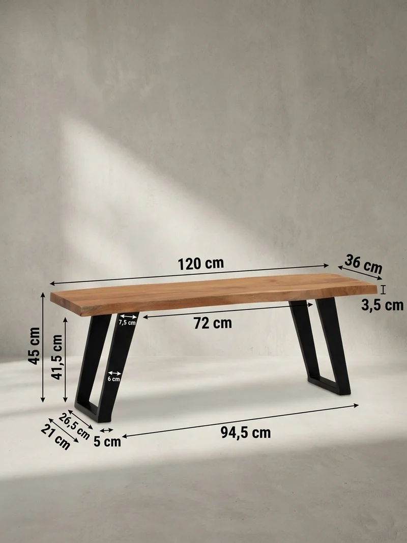 Sitzbank – Akazie Massivholz/Metall, 120x40x45,5 cm, mit Baumkante, U-Beine