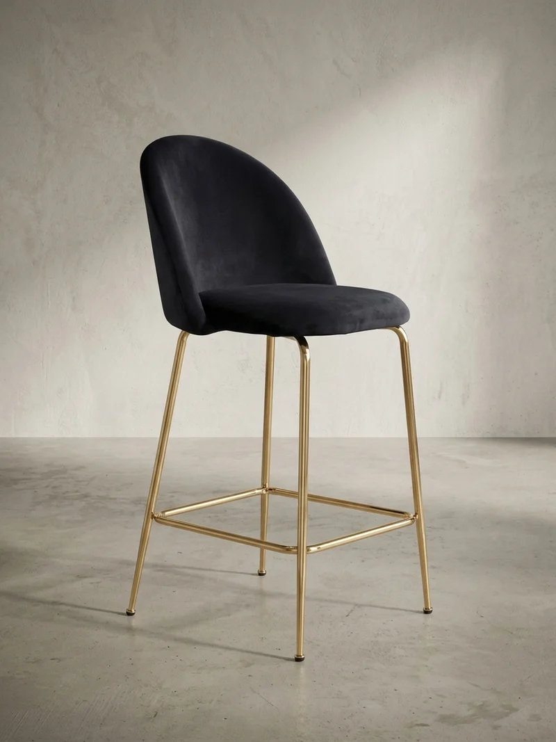 Barhocker 2er Set Samt Lehne Goldgestell Skandi-Stil Gepolstert