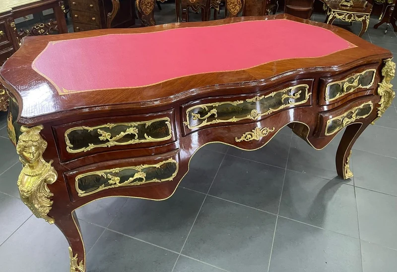 Casa Padrino Barock Massivholz Schreibtisch Braun / Mehrfarbig / Gold / Bordeaux - Prunkvoller Bürotisch im Barockstil - Handgefertigte Barock Büro Möbel