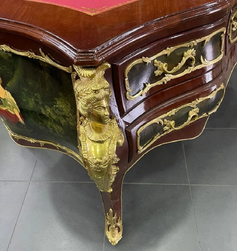 Casa Padrino Barock Massivholz Schreibtisch Braun / Mehrfarbig / Gold / Bordeaux - Prunkvoller Bürotisch im Barockstil - Handgefertigte Barock Büro Möbel