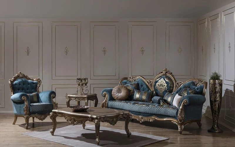 Casa Padrino Luxus Barock Sessel Blau / Gold 97 x 90 x H. 115 cm - Wohnzimmer Sessel mit elegantem Muster und dekorativem Kissen - Barock Wohnzimmer Möbel