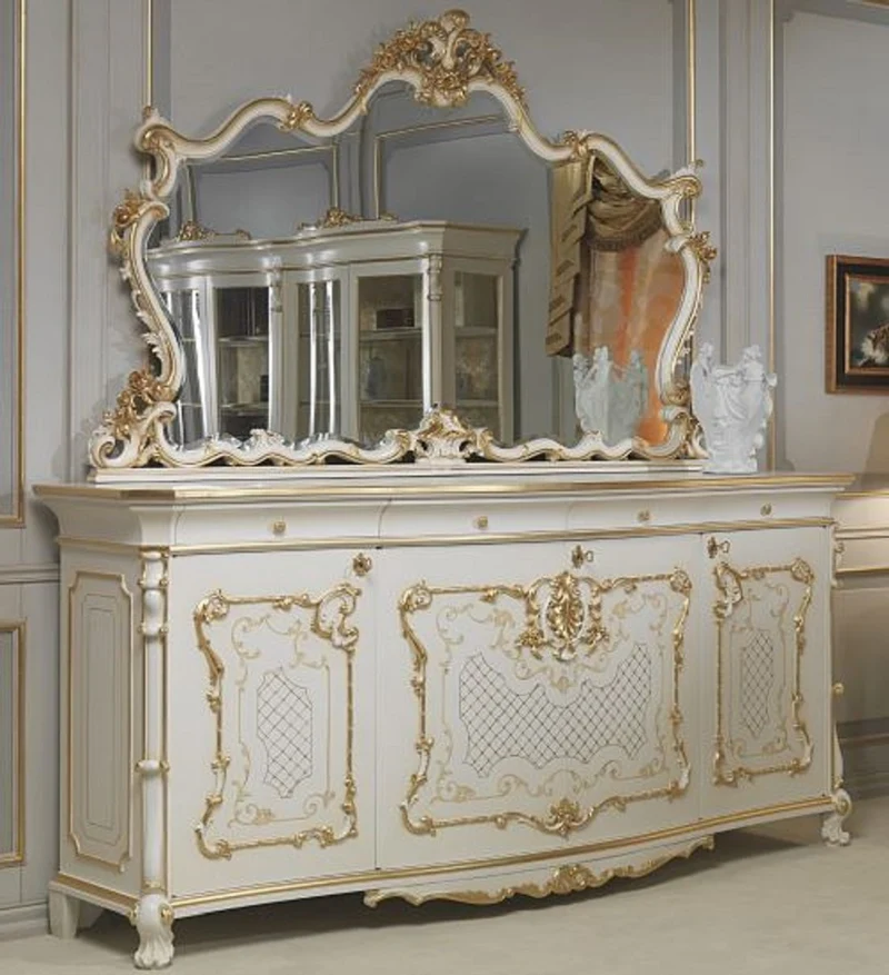 Casa Padrino Luxus Barock Möbel Set Sideboard mit Spiegel Weiß / Gold - Edler Massivholz Schrank mit elegantem Wandspiegel - Hotel Restaurant Schloss Möbel - Luxus Qualität - Made in Italy