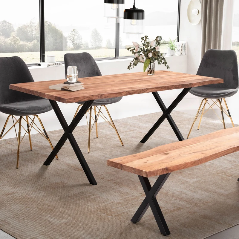 Esstisch Akazie Massivholz 180x90cm Baumkante X-Beine Schwarz