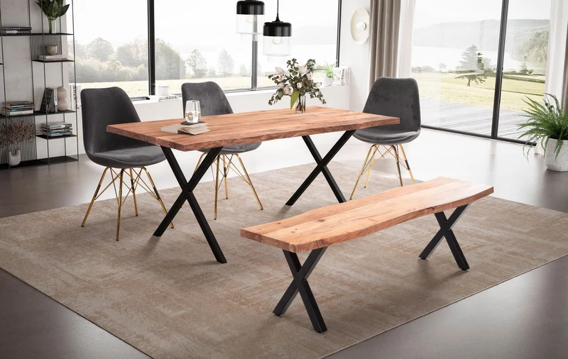 Esstisch Akazie Massivholz 180x90cm Baumkante X-Beine Schwarz