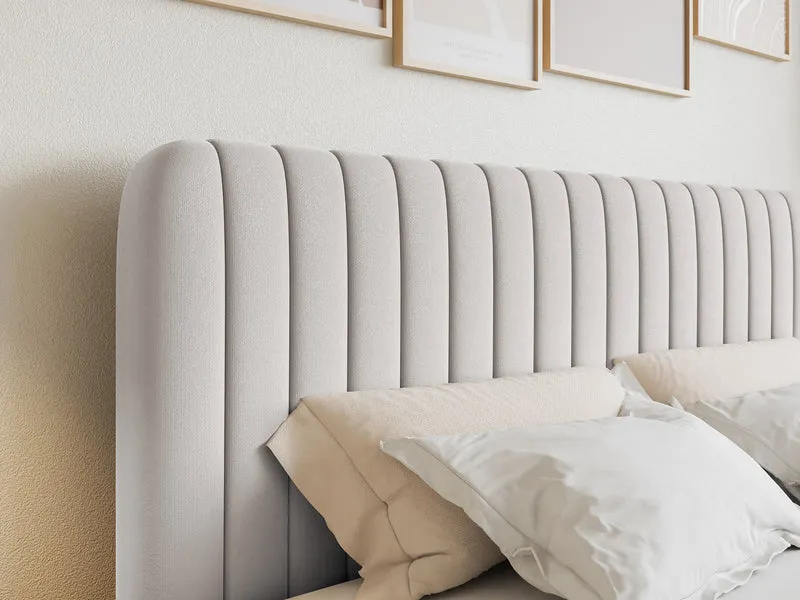 Kontinentales Bett 200x200 cm Saliano mit Stauraum und Topper, hellgrauer hydrophober Chenillebezug