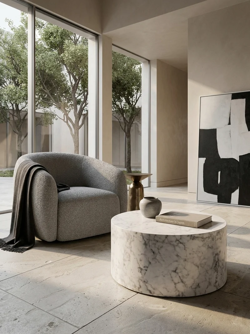 Couchtisch mit Hochglanz-Oberfläche, Marmor-Optik, Design rund