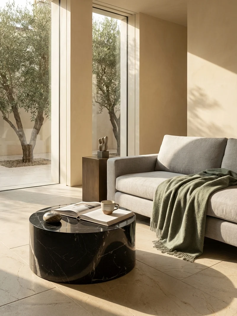 Couchtisch mit Hochglanz-Oberfläche, Marmor-Optik, Design rund