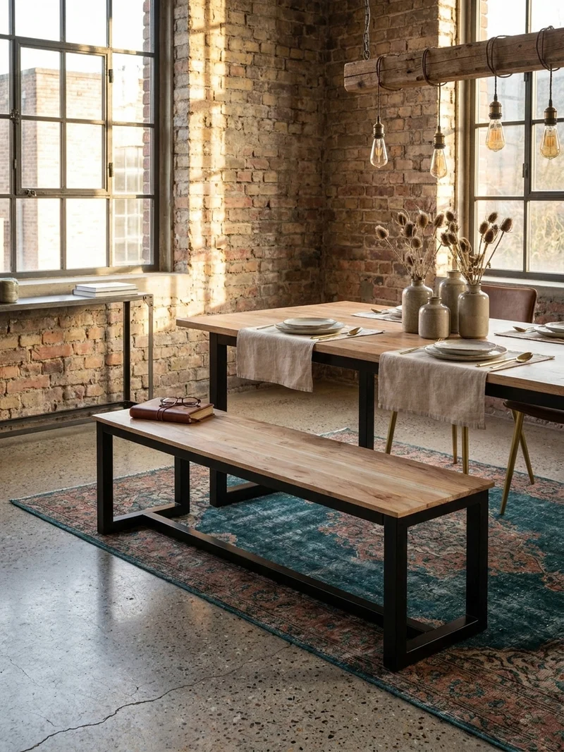 Esszimmerbank Massivholz Metall Loft-Stil ohne Lehne