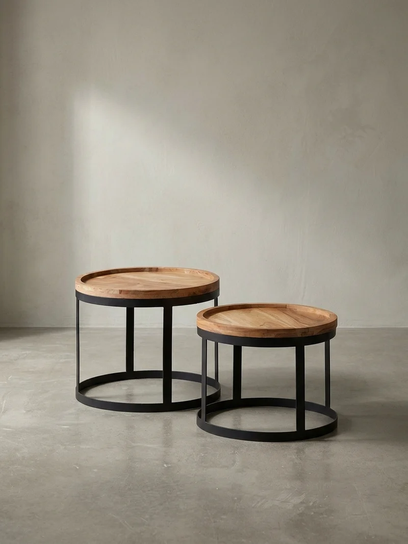 Beistelltisch 2er Set Massivholz Metallgestell Rund Natur