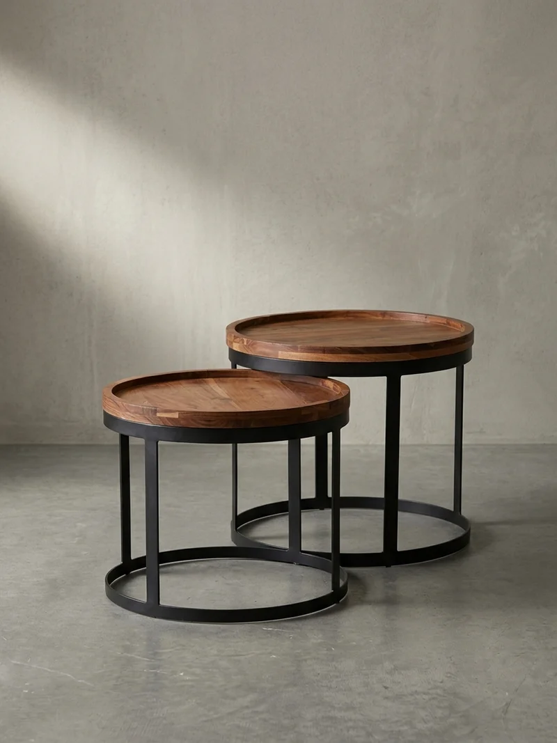 Beistelltisch 2er Set Massivholz Metallgestell Rund Natur