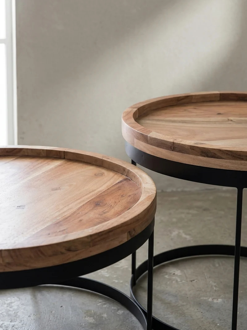Beistelltisch 2er Set Massivholz Metallgestell Rund Natur