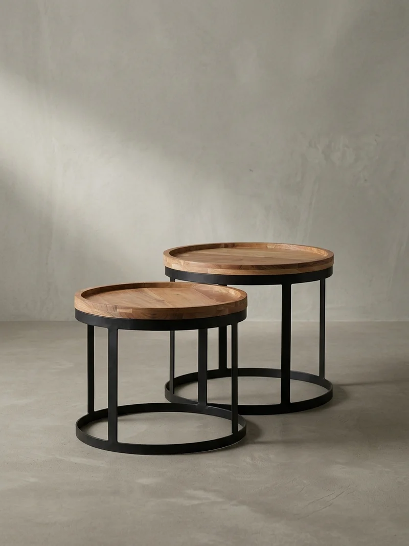 Beistelltisch 2er Set Massivholz Metallgestell Rund Natur