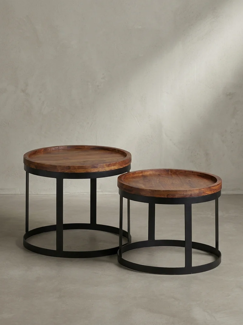 Beistelltisch 2er Set Massivholz Metallgestell Rund Natur