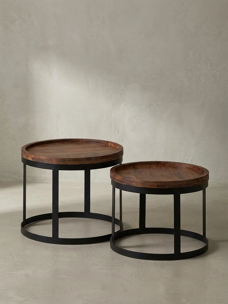 Beistelltisch 2er Set Massivholz Metallgestell Rund Natur