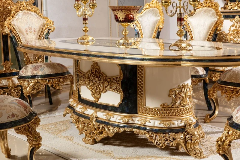 Casa Padrino Luxus Barock Esstisch Weiß / Blau / Gold - Prunkvoller Massivholz Esszimmertisch im Barockstil - Barock Esszimmer Möbel - Edel & Prunkvoll