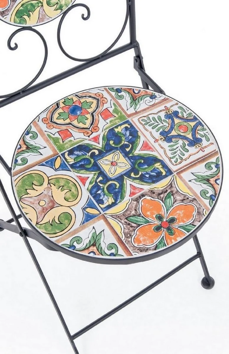 Casa Padrino Jugendstil Gartenstuhl 4er Set Schwarz / Mehrfarbig 39 x 47 x H. 92 cm - Klappbare Stühle mit edlen Keramik Platten - Nostalgische Garten & Gastronomie Möbel