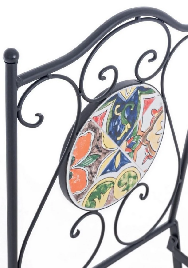 Casa Padrino Jugendstil Gartenstuhl 4er Set Schwarz / Mehrfarbig 39 x 47 x H. 92 cm - Klappbare Stühle mit edlen Keramik Platten - Nostalgische Garten & Gastronomie Möbel
