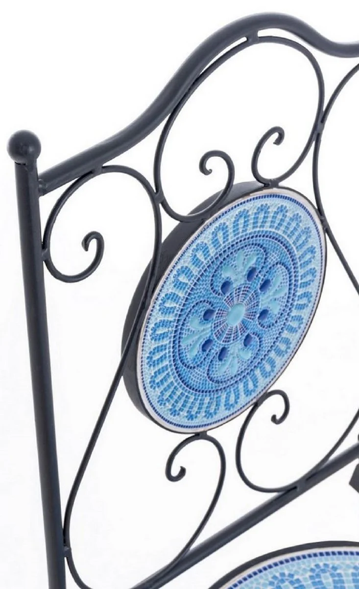 Casa Padrino Jugendstil Gartenstuhl 4er Set Schwarz / Blau / Weiß 39 x 47 x H. 92 cm - Klappbare Stühle mit Keramik Platten - Nostalgische Garten & Gastronomie Möbel
