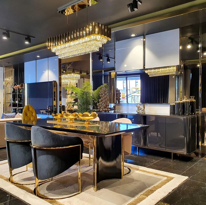 Casa Padrino Luxus Esstisch Schwarz / Gold 200 x 100 x H. 78 cm - Moderner Esszimmertisch mit Glasplatte - Luxus Esszimmer Möbel