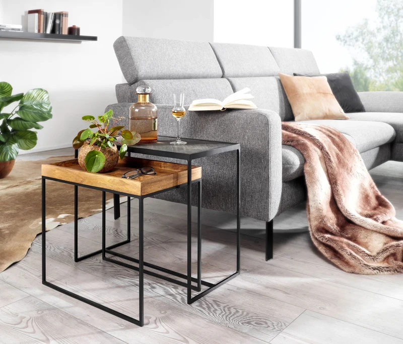 Wohnzimmertisch 2er Set Mango Massivholz Steinoptik Industrial Design