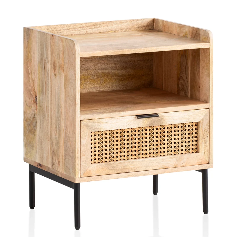 Nachtkonsole Mango Massivholz Rattan 50x60x40cm Schublade Braun