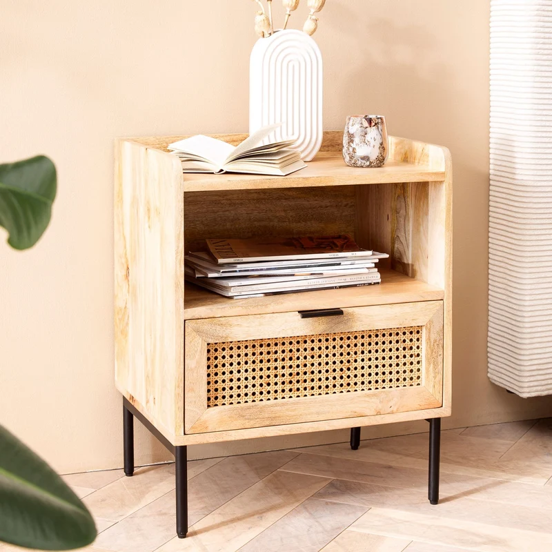 Nachtkonsole Mango Massivholz Rattan 50x60x40cm Schublade Braun