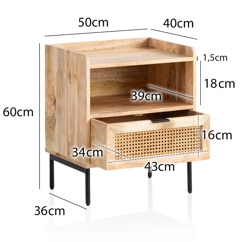 Nachtkonsole Mango Massivholz Rattan 50x60x40cm Schublade Braun