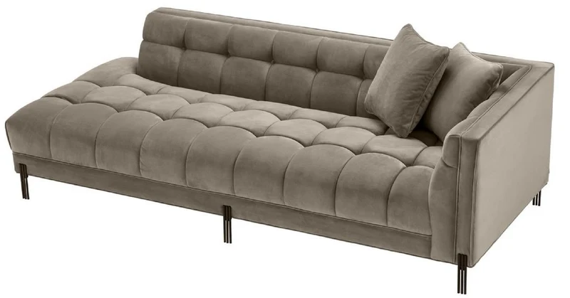 Casa Padrino Luxus Lounge Sofa Greige / Schwarz 223 x 95 x H. 68 cm - Rechtsseitiges Wohnzimmer Sofa mit edlem Samtsoff und 2 Kissen