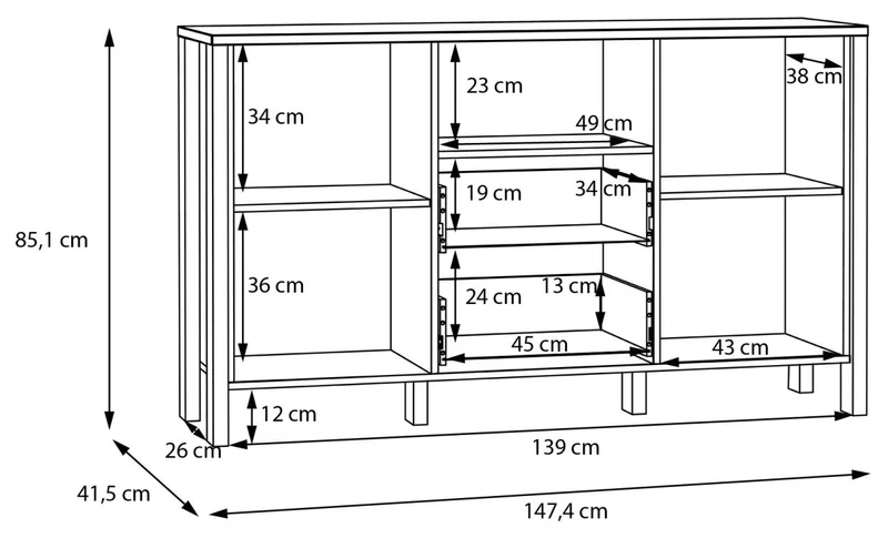 Sideboard Kommode SAITAMA Dekor: Secret Grey und Mauvella Eiche, Forte
