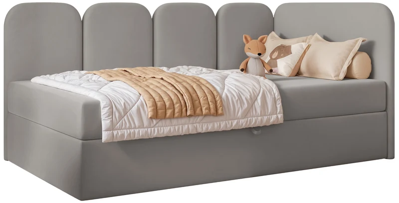 Jugendbett 90x200 cm Nubini rechtsseitig mit Stauraum, grauer Velours, wasserabweisend