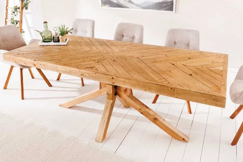 Massiver Esstisch BANDA 160cm natur recycelte Pinie Mikado-Gestell