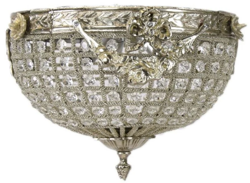 Casa Padrino Barock Kristall Deckenleuchte Silber Ø 30 cm - Runde Deckenlampe im Barockstil - Barock Leuchten - Edel & Prunkvoll