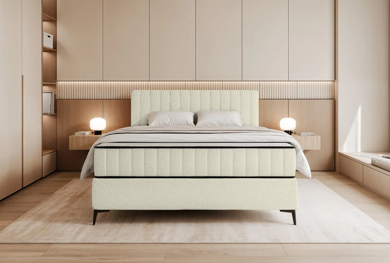 Kontinentales Bett 140x200 cm Mufasso mit Stauraum cremefarbenes Bouclé