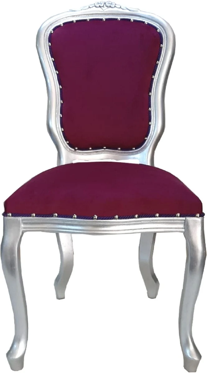 Casa Padrino Luxus Barock Esszimmer Set Lila / Silber - 1 Esstisch mit Glasplatte und 6 Esszimmerstühle - Made in Italy - Luxury Collection