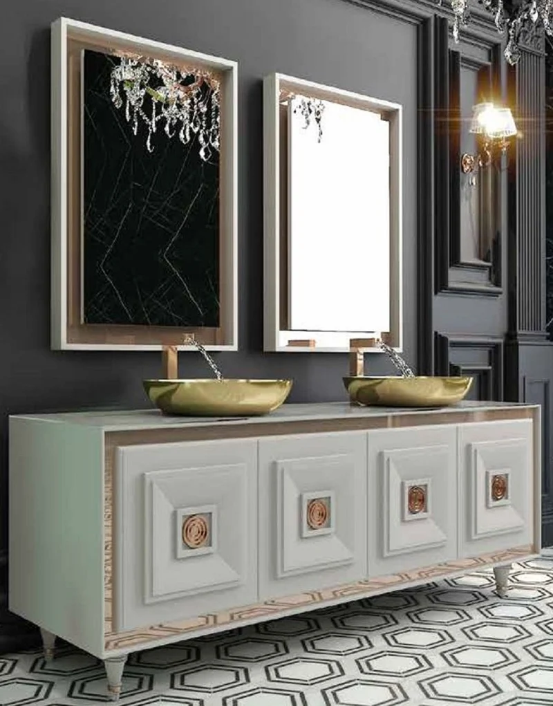 Casa Padrino Luxus Badezimmer Set Weiß / Bronze / Gold - 1 Waschtisch mit 4 Türen und 2 Waschbecken und 2 Wandspiegel - Luxus Badezimmermöbel