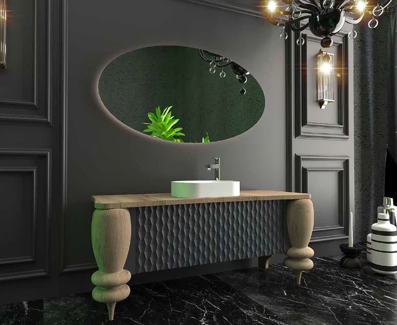 Casa Padrino Luxus Badezimmer Set Naturfarben / Grau / Weiß - 1 Waschtisch mit 2 Türen und 1 Waschbecken und 1 LED Wandspiegel - Luxus Badezimmermöbel