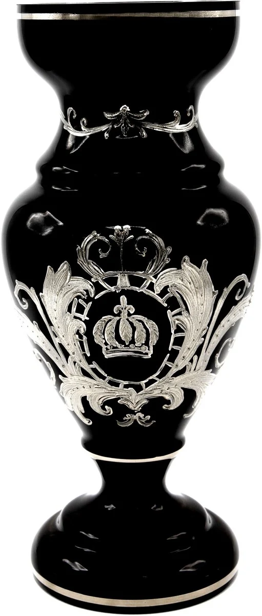 Pompöös by Casa Padrino Luxus Pokal Vase mit edler Platin Beschichtung Schwarz / Silber Ø 14 x H. 30,5 cm - Pompööse Blumenvase designed by Harald Glööckler