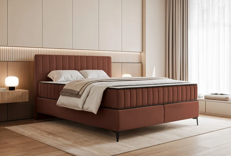 Kontinentales Bett 160x200 cm Mufasso mit Stauraum, kupferfarbener Velours, wasserabweisend