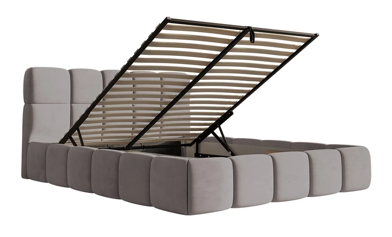 Gepolstertes Bett 160x200 cm Cloudy mit Aufbewahrungsbox, hellgrauer Velours, wasserabweisend, leicht zu reinigen, Metallrahmen