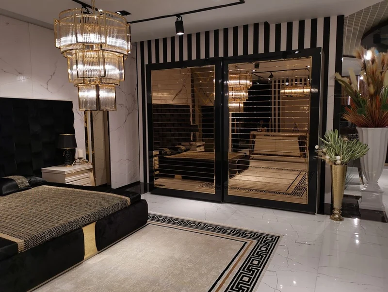 Casa Padrino Luxus Schlafzimmerschrank Beige / Schwarz / Gold - Moderner verspiegelter Kleiderschrank mit 2 Schiebetüren - Luxus Schlafzimmer & Hotel Möbel