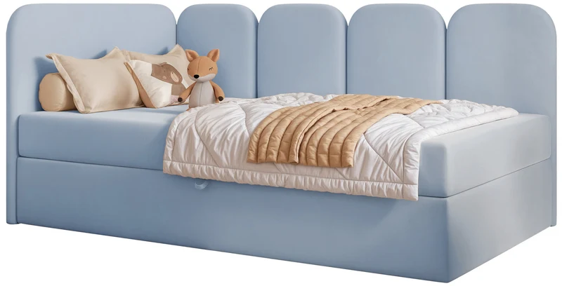 Jugendbett 90x200 cm Nubini linksseitig mit Stauraum, hellblauer wasserabweisender Samt